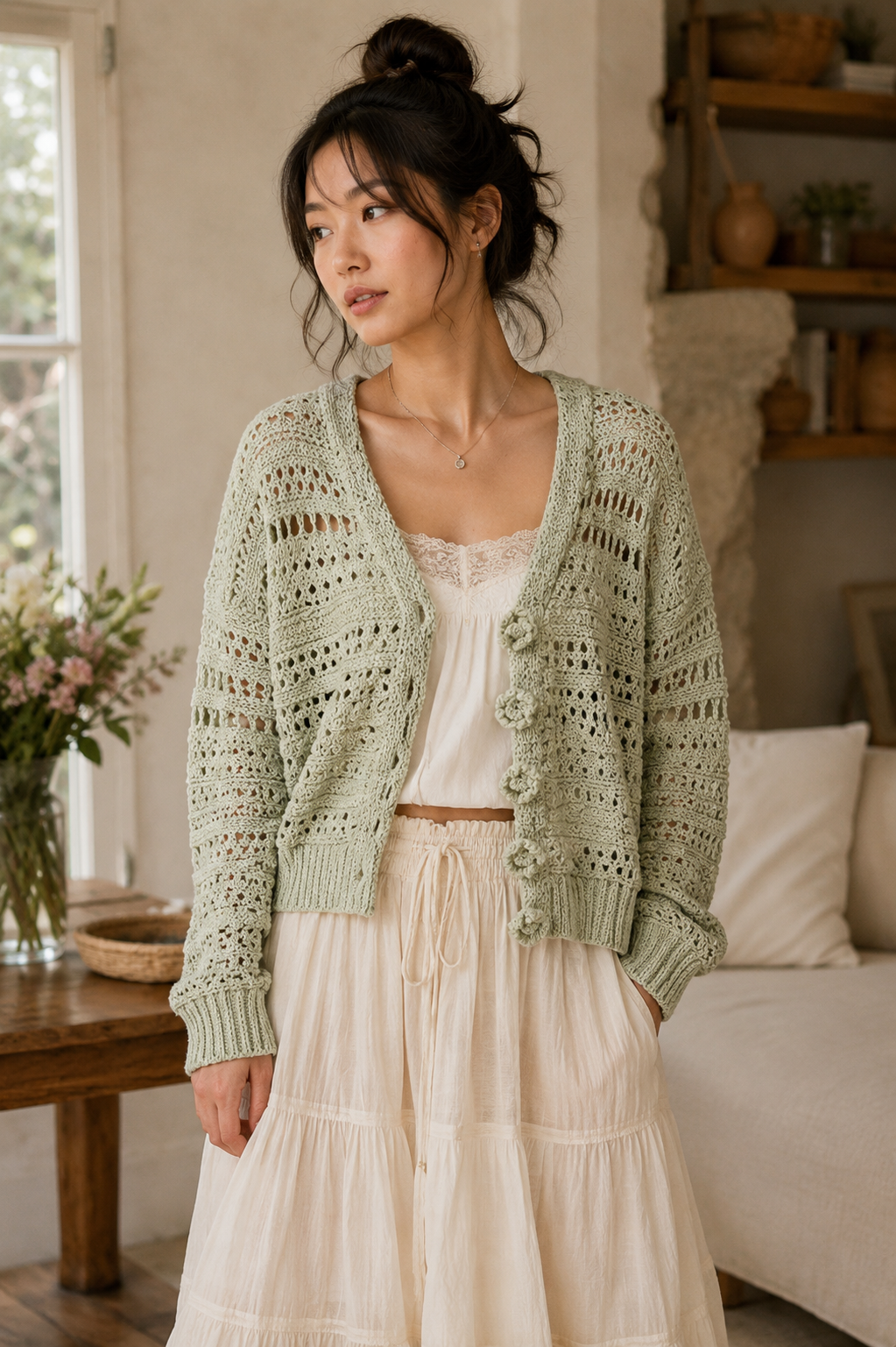 Open-Knit Floral Button Cardigan