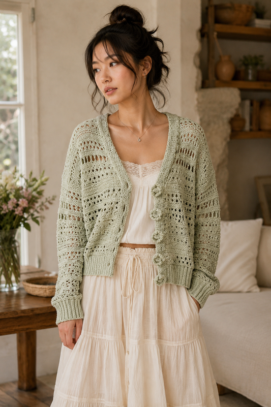 Open-Knit Floral Button Cardigan