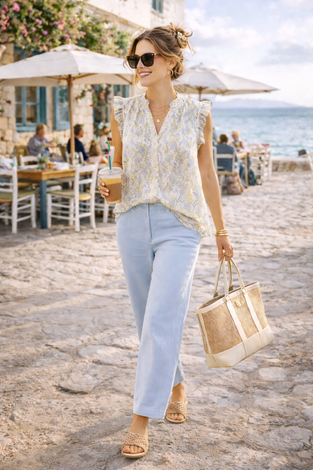 Umgee Floral Print Flutter Sleeve Split Neck Top