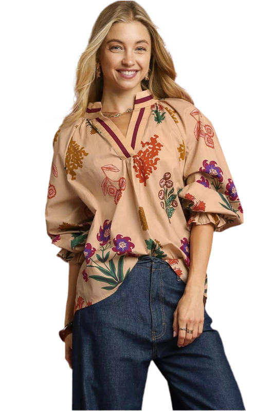 Umgee Floral Print Flounce Sleeve Blouse