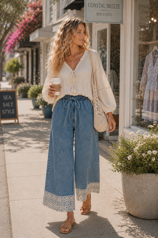 Washed Denim Waist Flower Lace Trim Pants