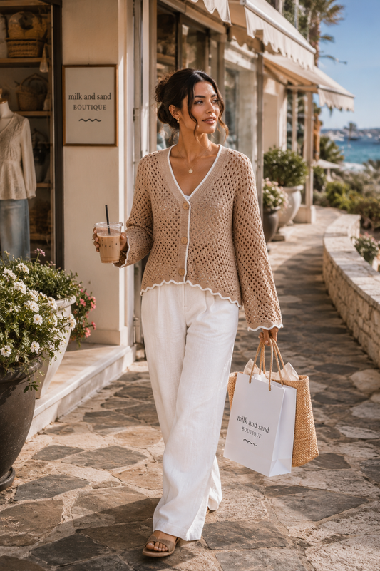 Open Knit Light Weight Sweater Cardigan With Contrast Wavy Scallop Edge