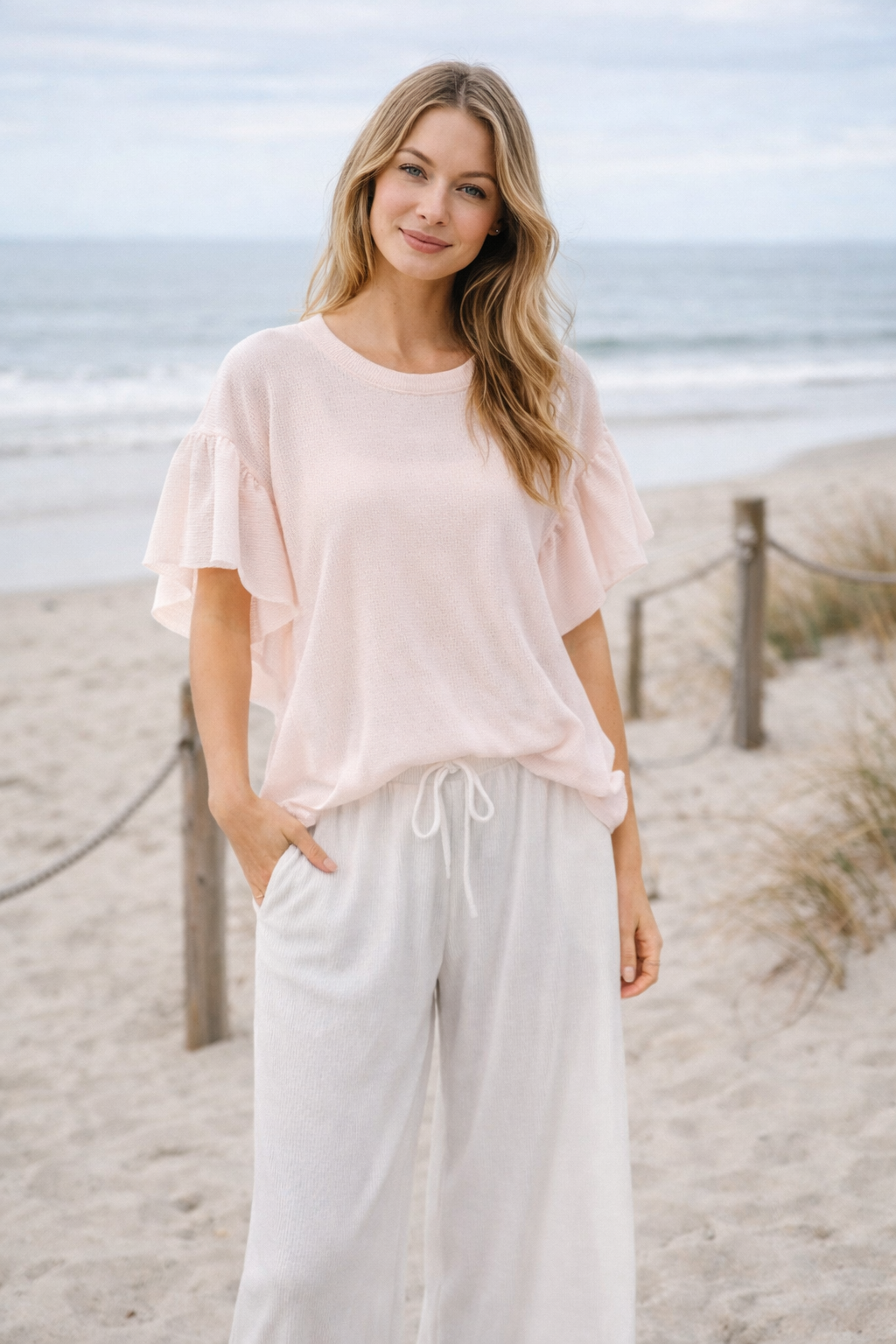 BiBi Thermal Knit with Ruffled Sleeve Top