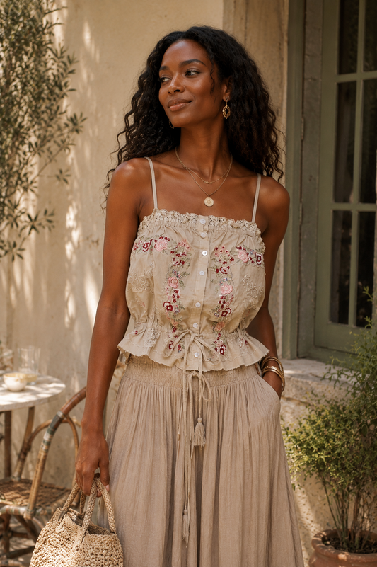 Button Down Floral Embroidered Cropped Cami with Lace Detail