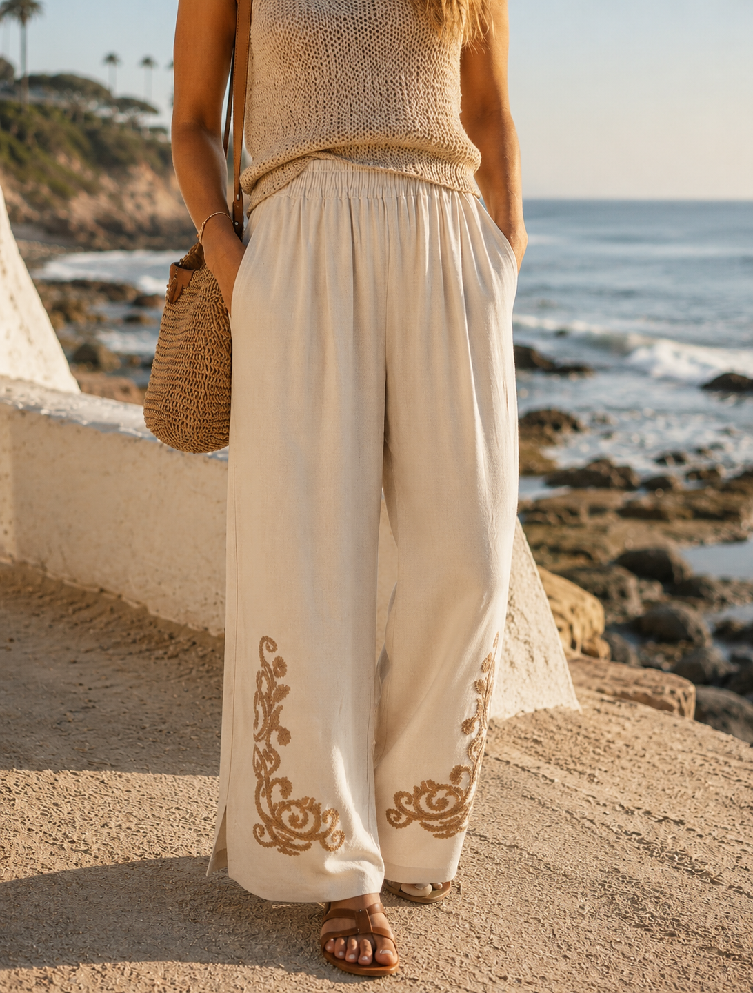 Linen Embroidered Wide-Leg Boho Pants