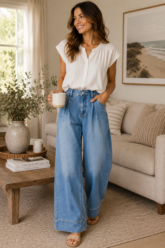 RISEN Slouchy Wide Leg Jeans With Pleats