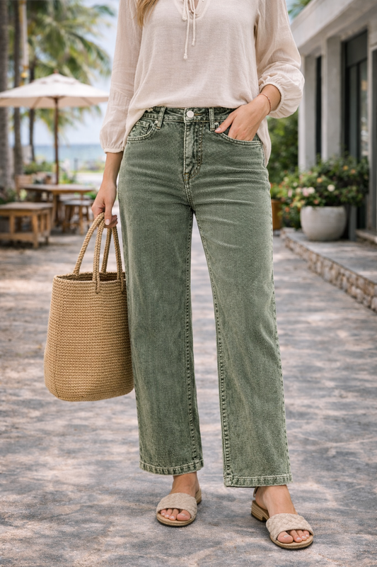 Tummy Control Mid Rise Straight Leg Corduroy Pants | RISEN