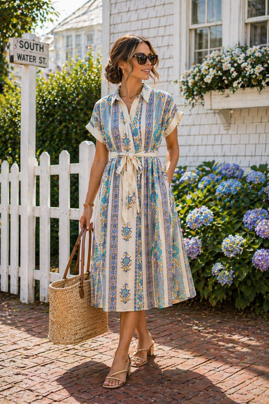 Vertical Print Tie Waist Midi Dress | Umgee