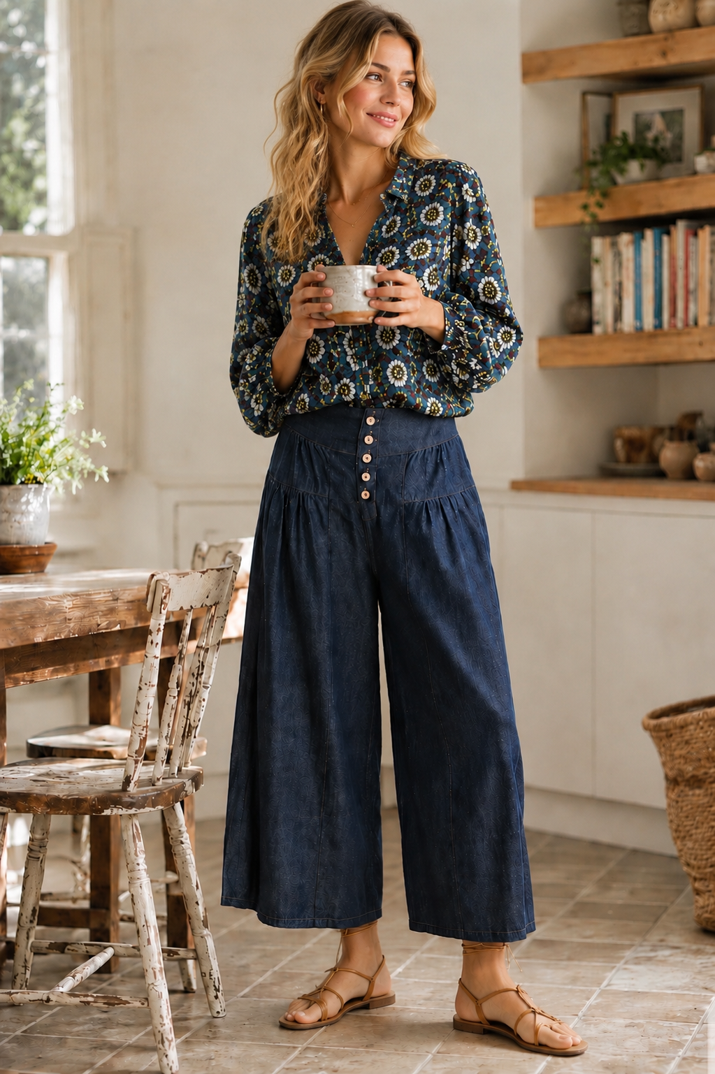 Stone Washed Wide-Leg Button-Front Culottes