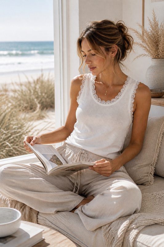 Round Neck Cropped Tank with Lace Trim | POL