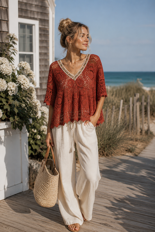 V-Neck Crochet Top with Scalloped Hem | POL