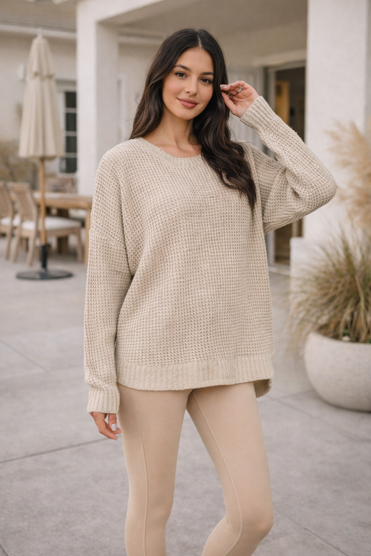 Zenana High Low Long Sleeve Waffle Sweater