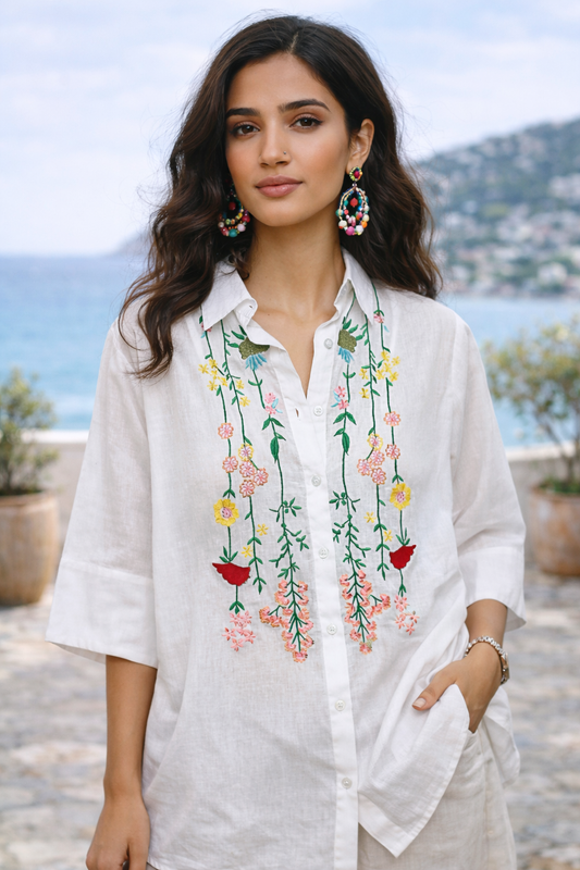 Floral Embroidered Cotton Button-Down Shirt