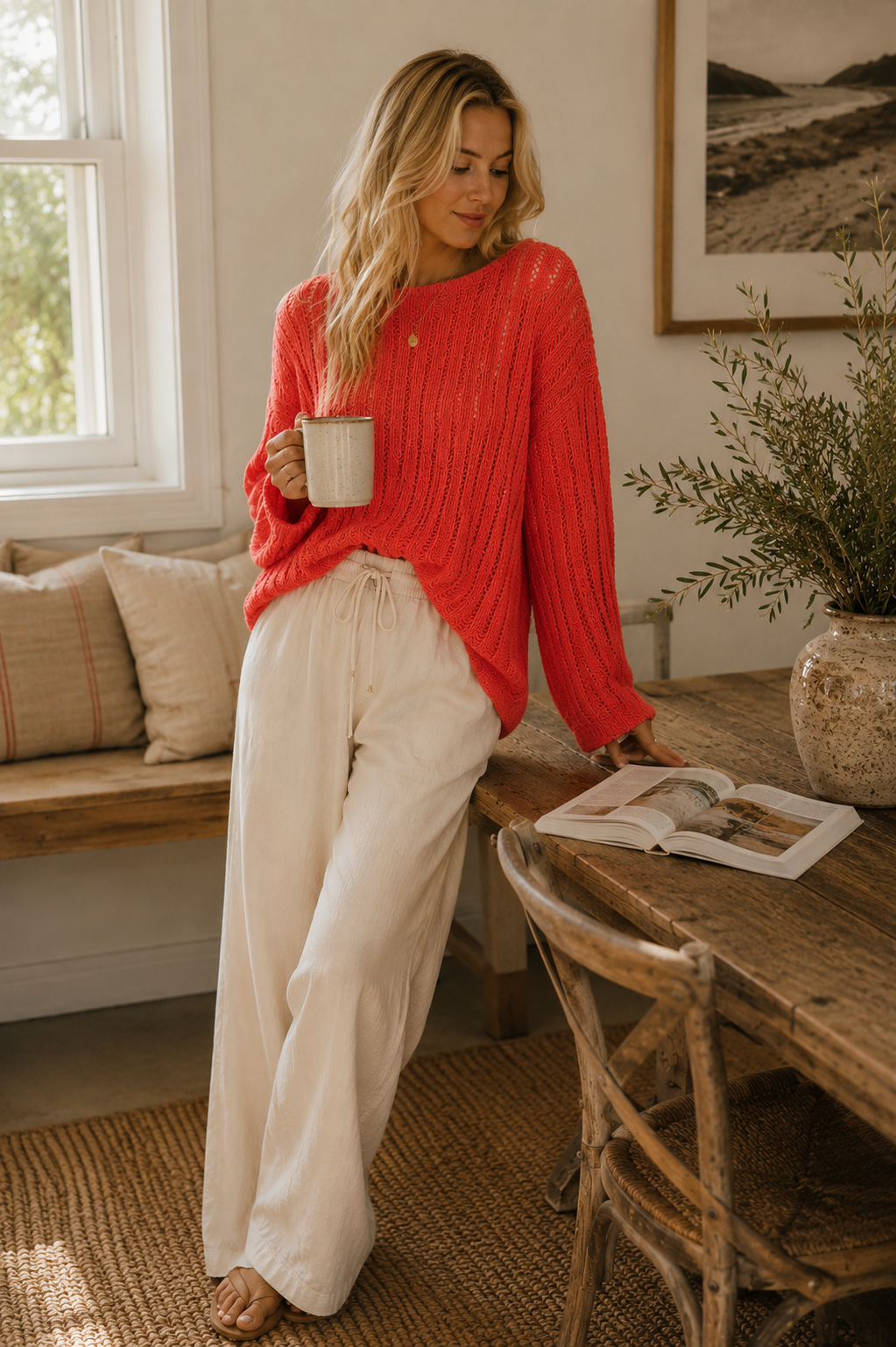 Round Neck Long Sleeve Open Weave Sweater