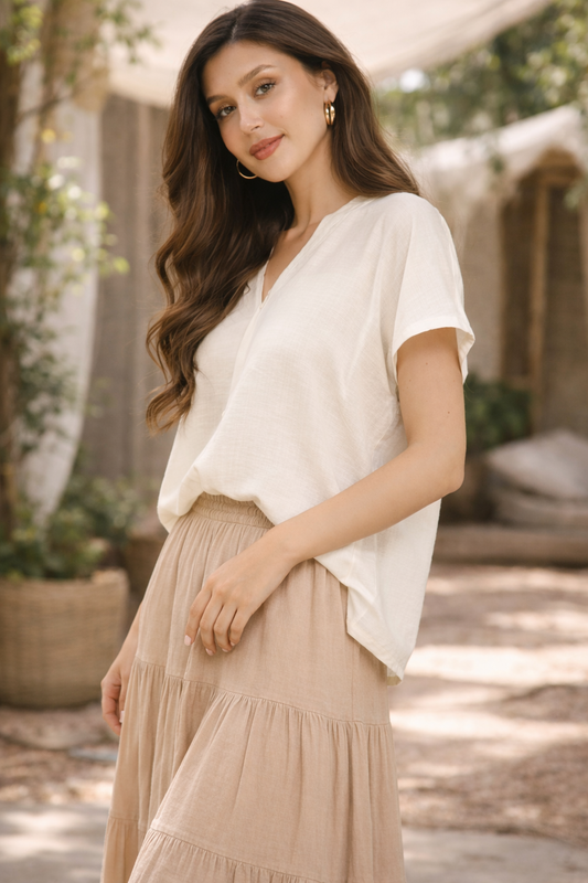Flowy V-Neck Short Sleeve Blouse| Umgee