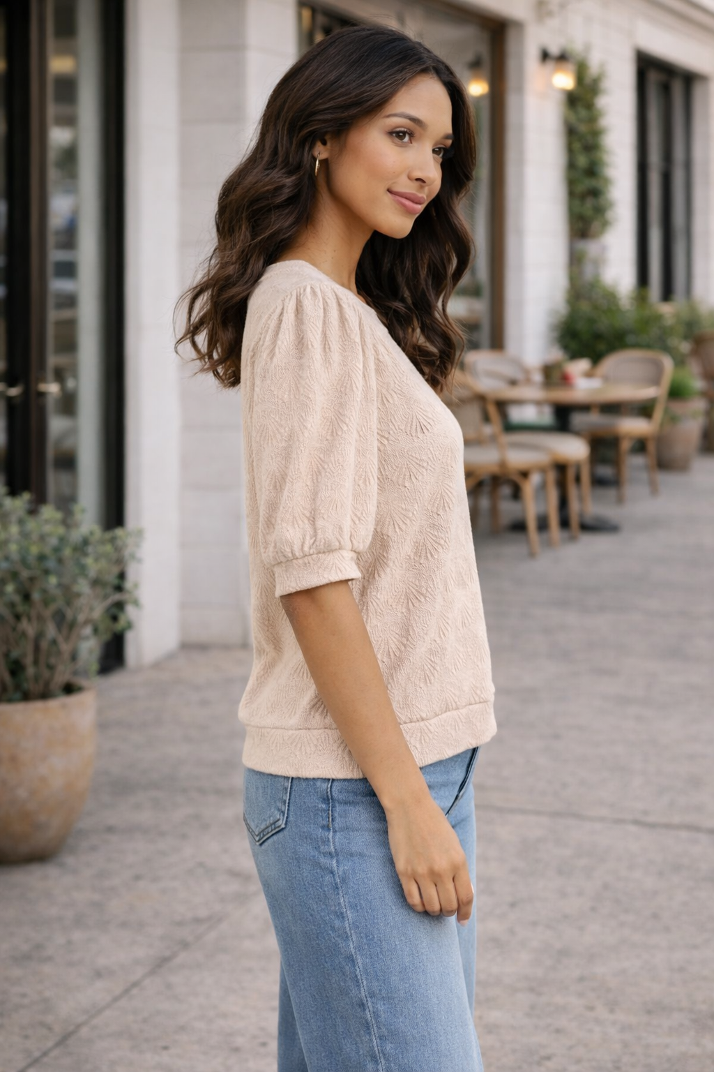 Mittoshop Fan Shell Texture Short Puff Sleeve Knit Top