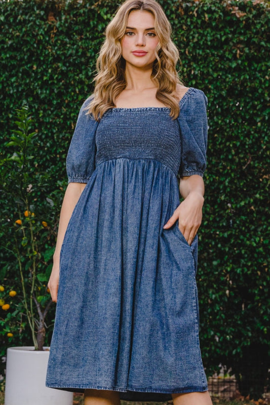 ODDI Washed Smocked Puff Sleeve Dress
