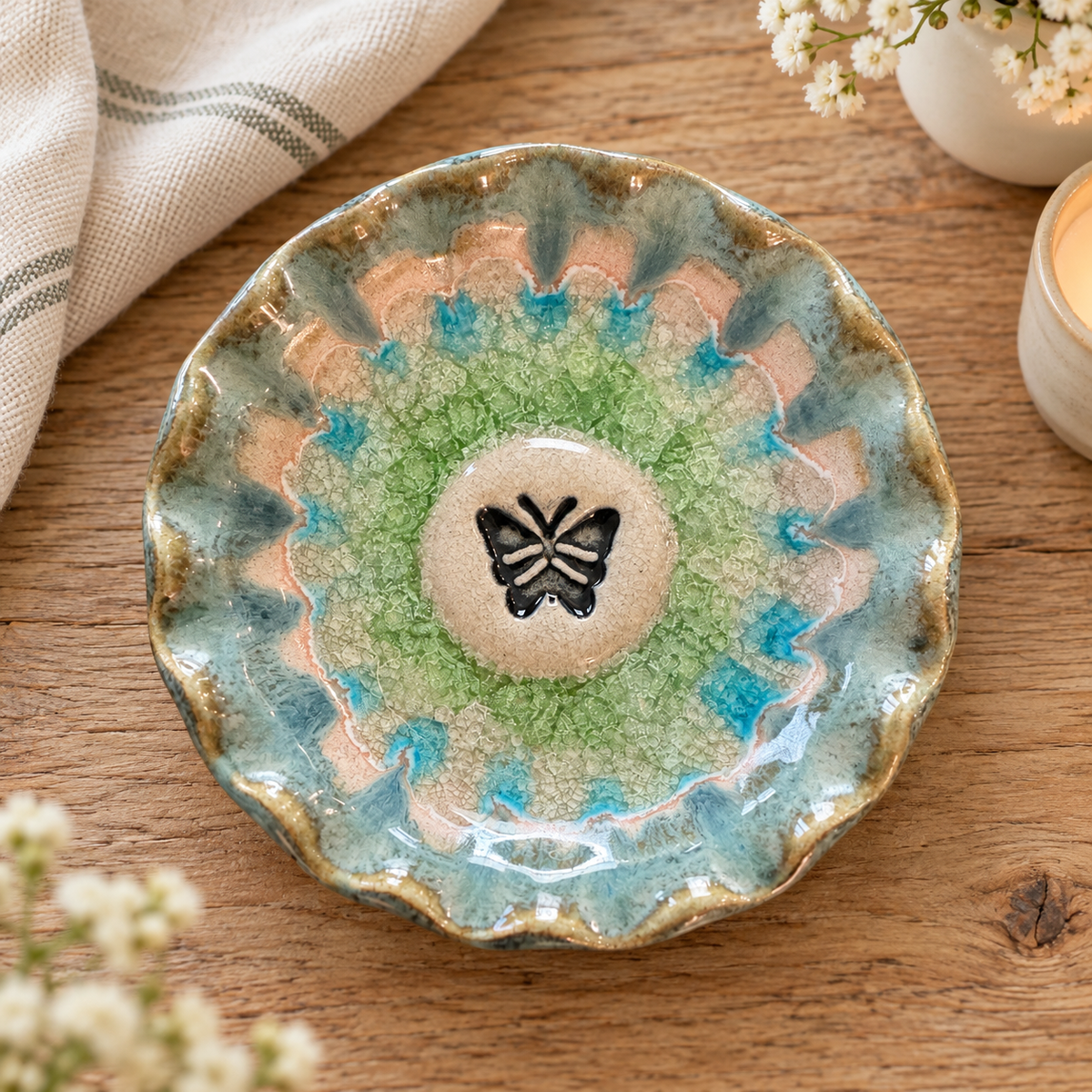 Green butterfly pottery trinket dish by Down to Earth Pottery in a farmhouse setting