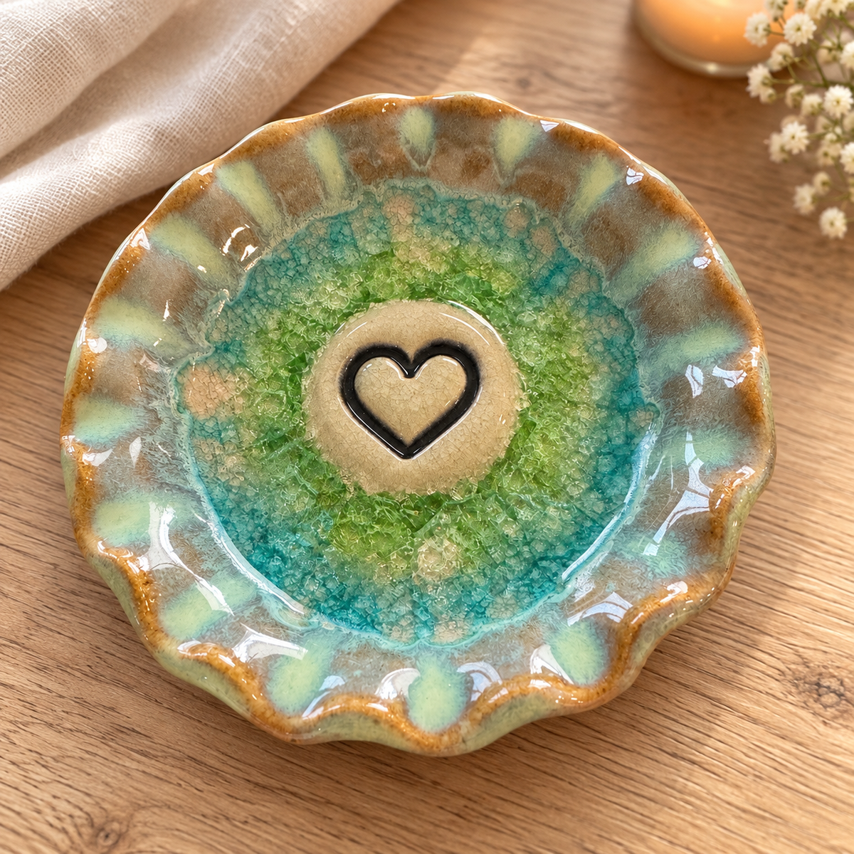 Green heart pottery trinket dish in a cozy farmhouse setting