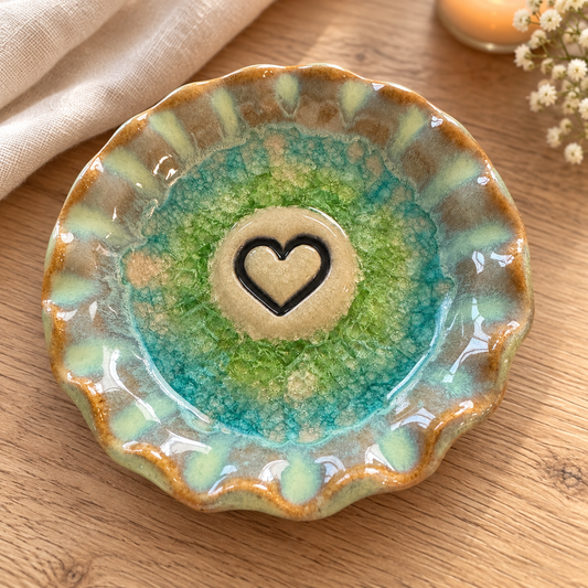 Green heart pottery trinket dish in a cozy farmhouse setting