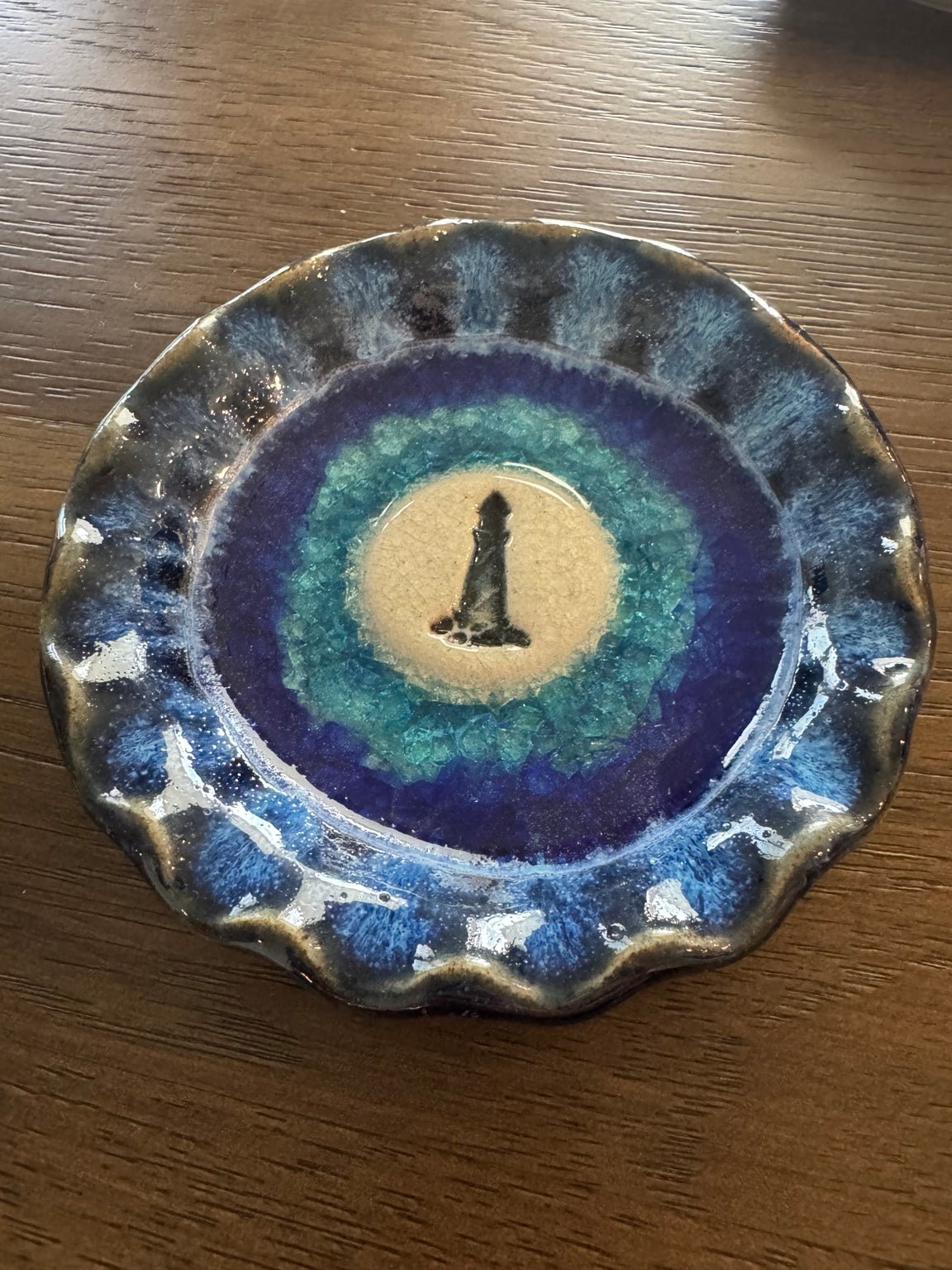 Original blue lighthouse pottery trinket dish