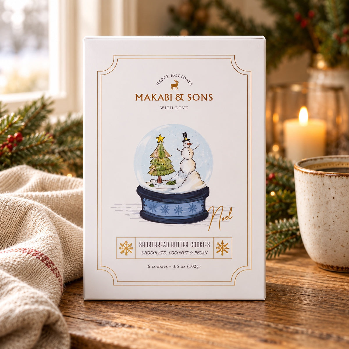 Makabi & Sons Noel chocolate coconut and pecan shortbread cookies in holiday packaging