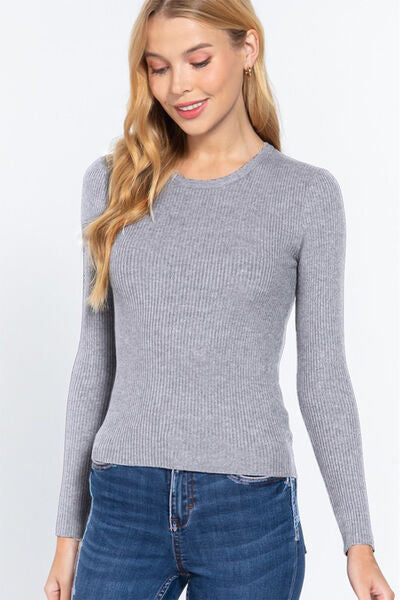 ACTIVE BASIC Ribbed Round Neck Long Sleeve Knit Top