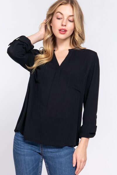 ACTIVE BASIC Notched Long Sleeve Woven Top