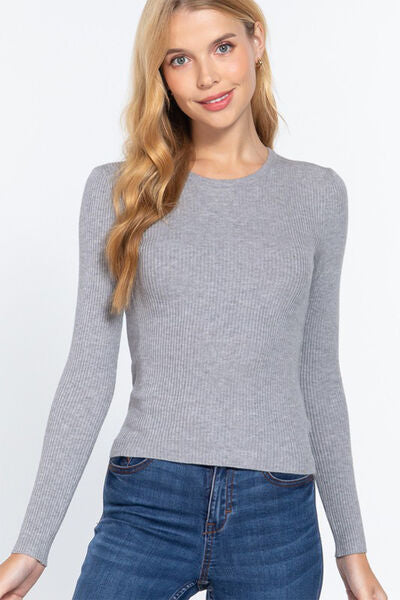 ACTIVE BASIC Ribbed Round Neck Long Sleeve Knit Top