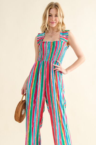 And The Why Striped Smocked Sleeveless Jumpsuit