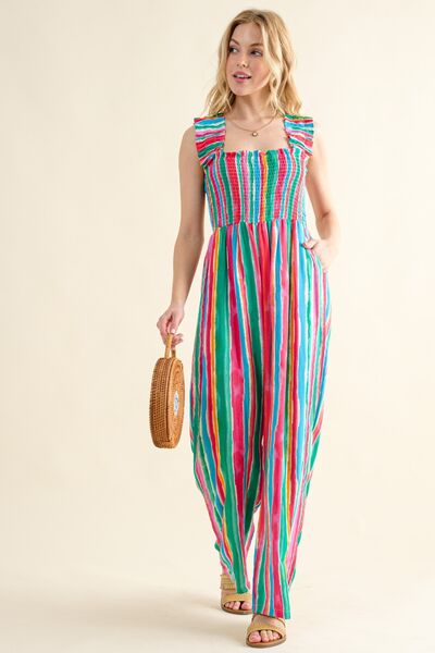 And The Why Striped Smocked Sleeveless Jumpsuit