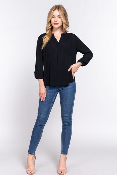 ACTIVE BASIC Notched Long Sleeve Woven Top